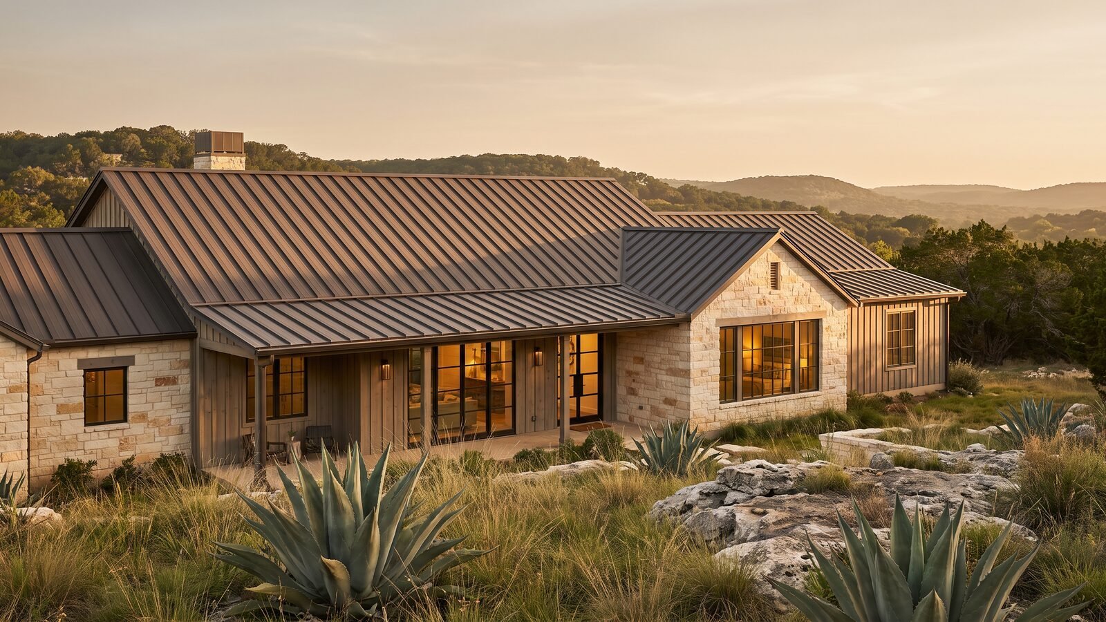 Hill Country home with limestone exterior and standing seam metal roof at golden hour